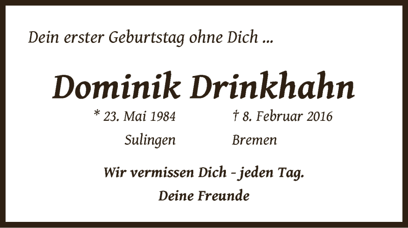  Traueranzeige für Dominik Drinkhahn vom 23.05.2016 aus WESER-KURIER