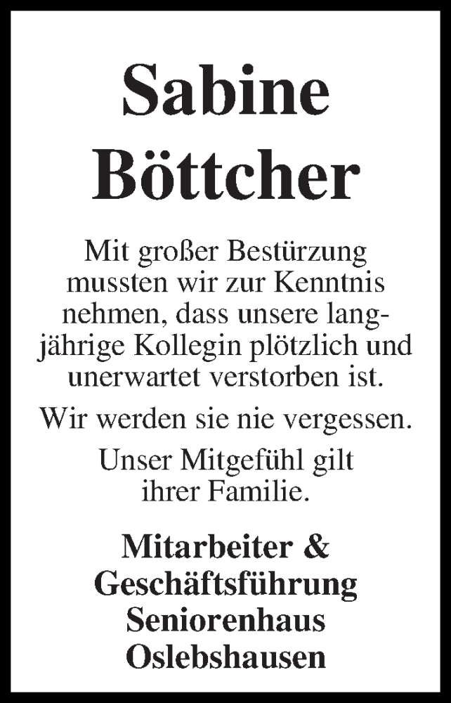 Traueranzeige von Sabine Böttcher von WESER-KURIER