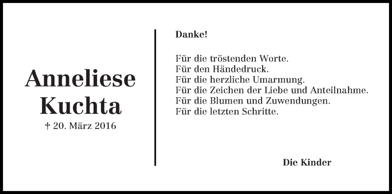 Traueranzeige von Anneliese Kuchta von Die Norddeutsche