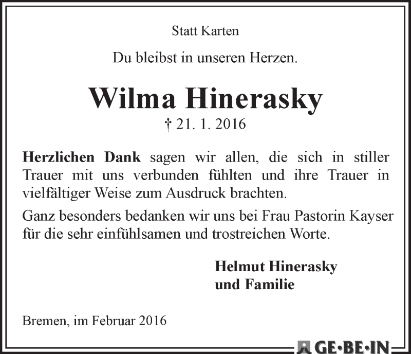 Traueranzeige von Wilma Hinerasky von WESER-KURIER