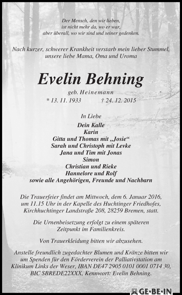 Traueranzeige von Evelin Behning von WESER-KURIER