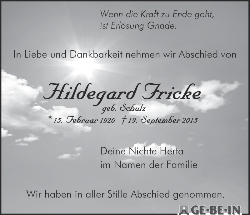 Traueranzeige von Hildegard Fricke von WESER-KURIER