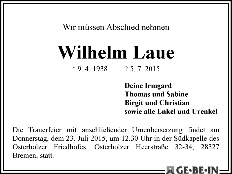 Traueranzeige von Wilhelm Laue von WESER-KURIER