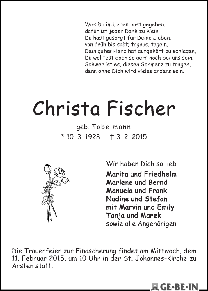 Traueranzeige von Christa Fischer von WESER-KURIER