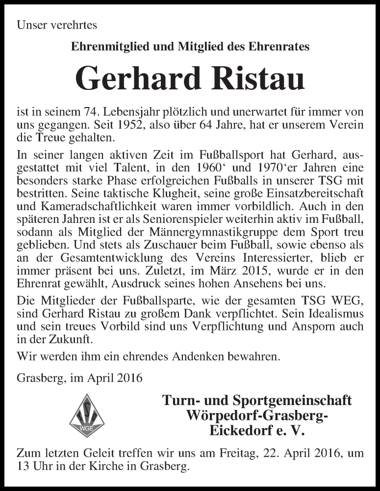 Traueranzeige von Gerhard Ristau von Wuemme Zeitung