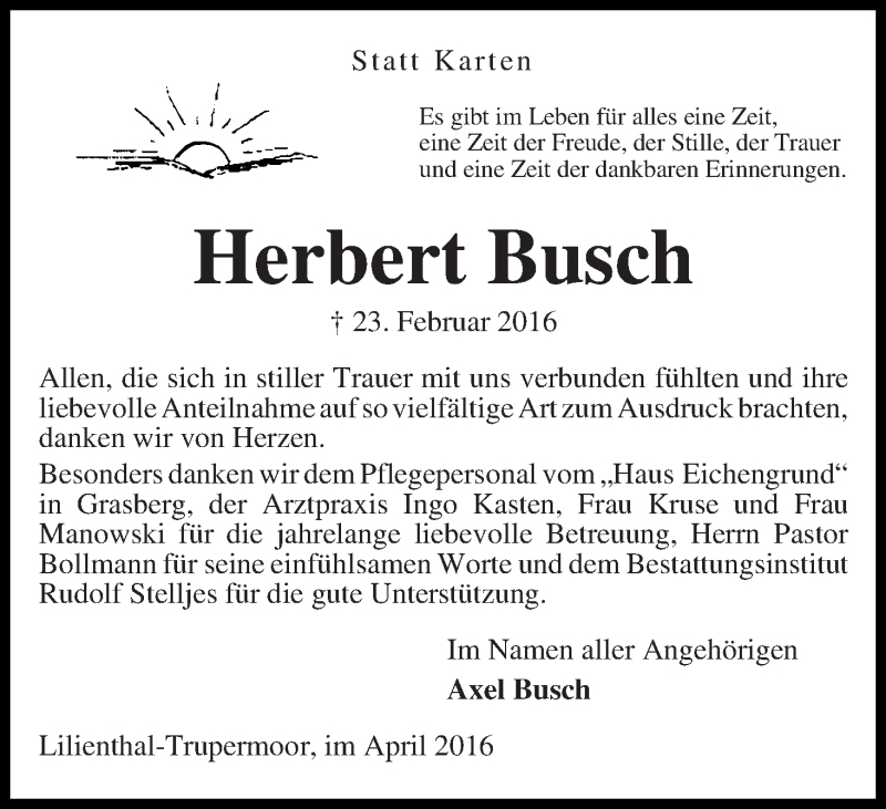 Traueranzeige von Herbert Busch von Wuemme Zeitung