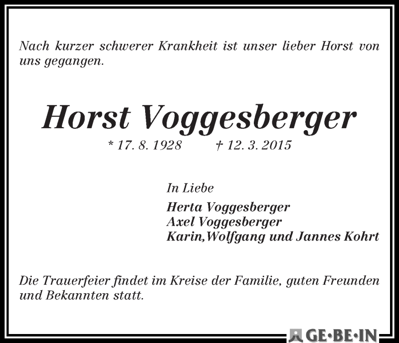 Traueranzeige von Horst Voggesberger von WESER-KURIER