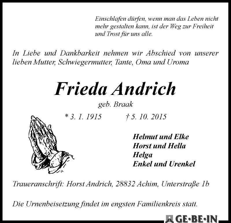 Traueranzeige von Frieda Andrich von WESER-KURIER
