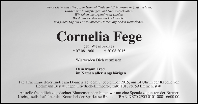 Traueranzeige von Cornelia Fege von Die Norddeutsche