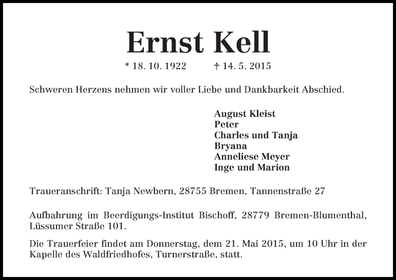 Traueranzeige von Ernst Kell von Die Norddeutsche