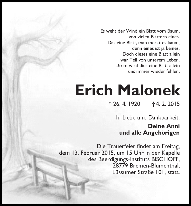 Traueranzeige von Erich Malonek von Die Norddeutsche