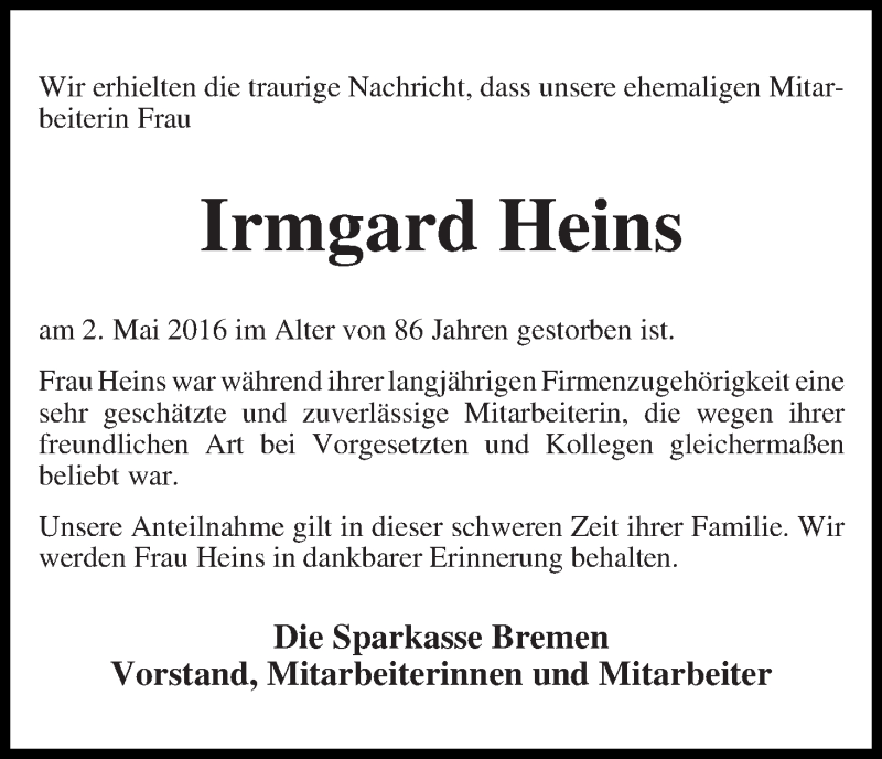 Traueranzeige von Irmgard Heins von WESER-KURIER