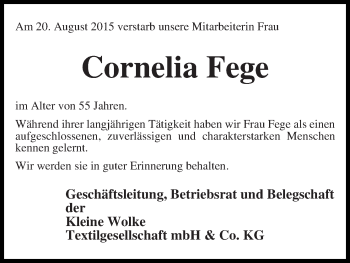 Traueranzeige von Cornelia Fege
