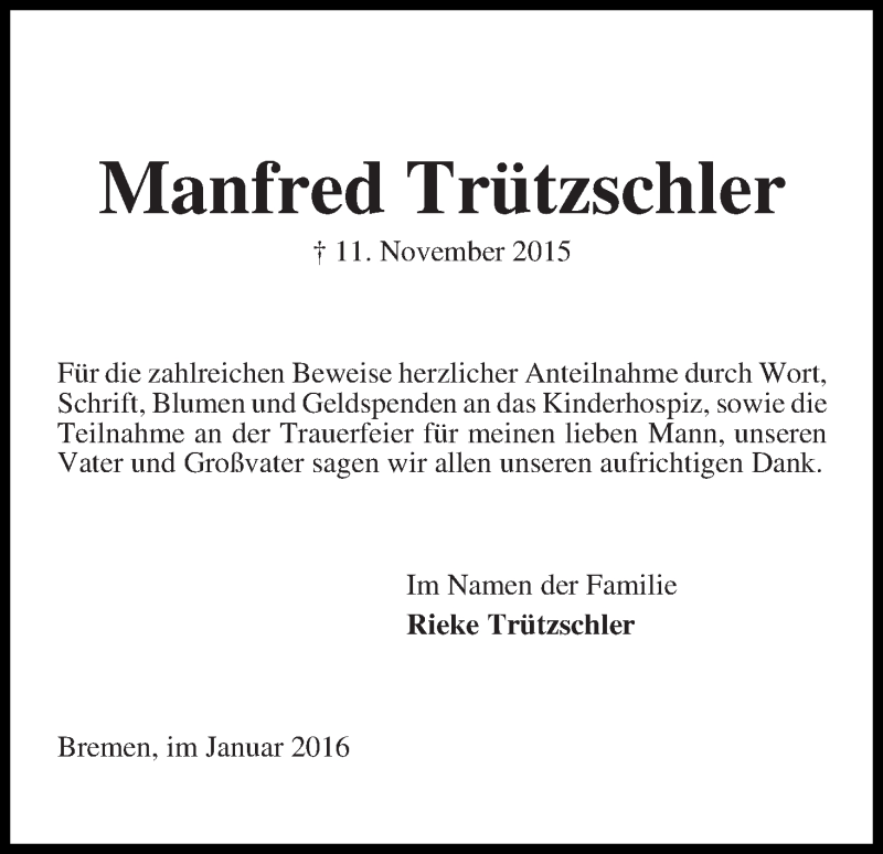 Traueranzeige von Manfred Trützschler von WESER-KURIER