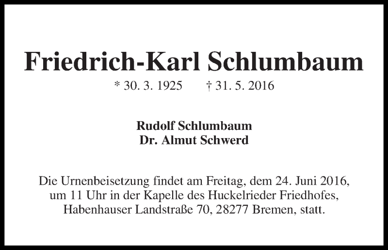 Traueranzeige von Friedrich-Karl Schlumbaum von WESER-KURIER