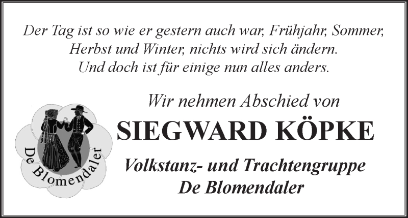 Traueranzeige von Siegward Köpke von Die Norddeutsche