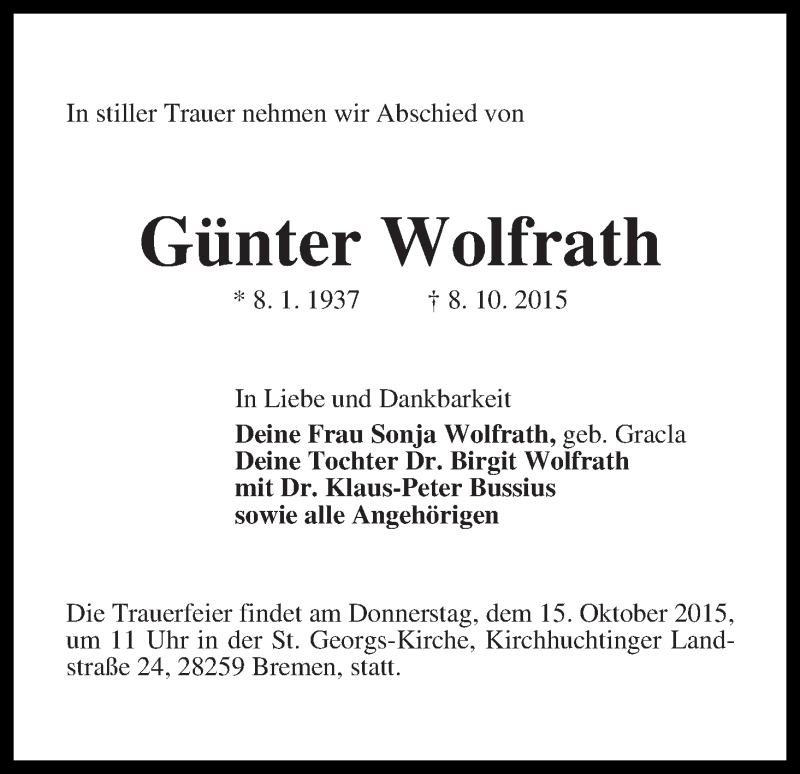 Traueranzeige von Günter Wolfrath von WESER-KURIER