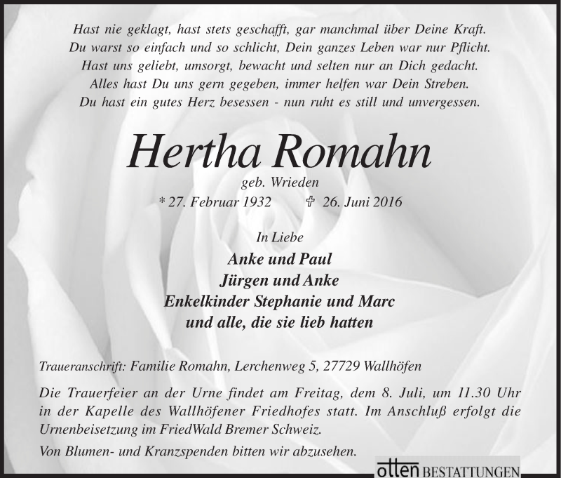 Traueranzeige von Hertha Romahn von Osterholzer Kreisblatt