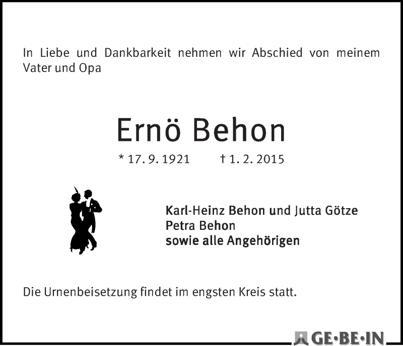 Traueranzeige von Ernö Behon von WESER-KURIER