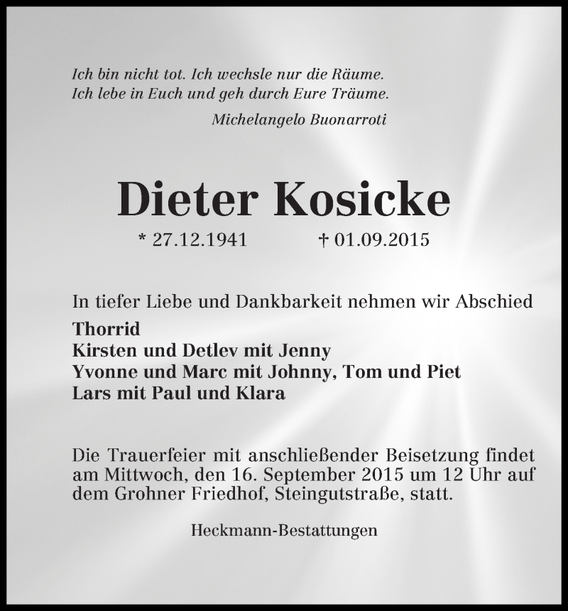 Traueranzeige von Dieter Kosicke von Die Norddeutsche