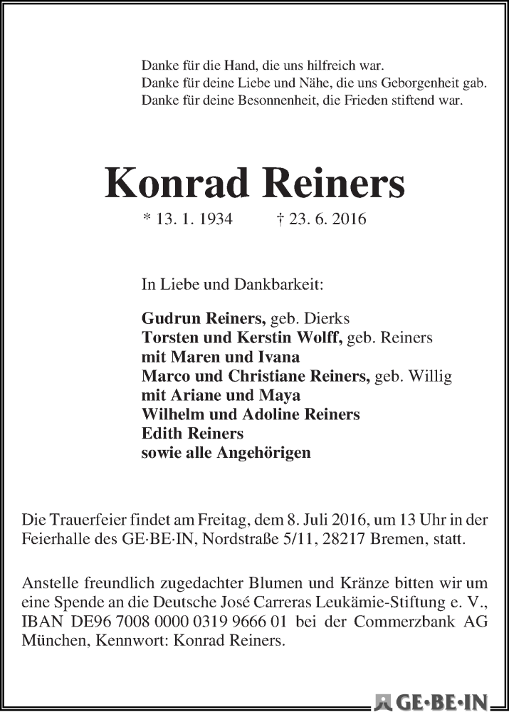 Traueranzeige von Konrad Reiners von WESER-KURIER