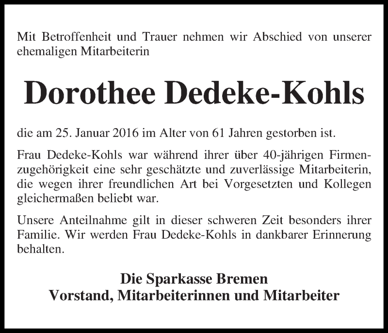  Traueranzeige für Dörthe Dedeke-Kohls vom 30.01.2016 aus WESER-KURIER