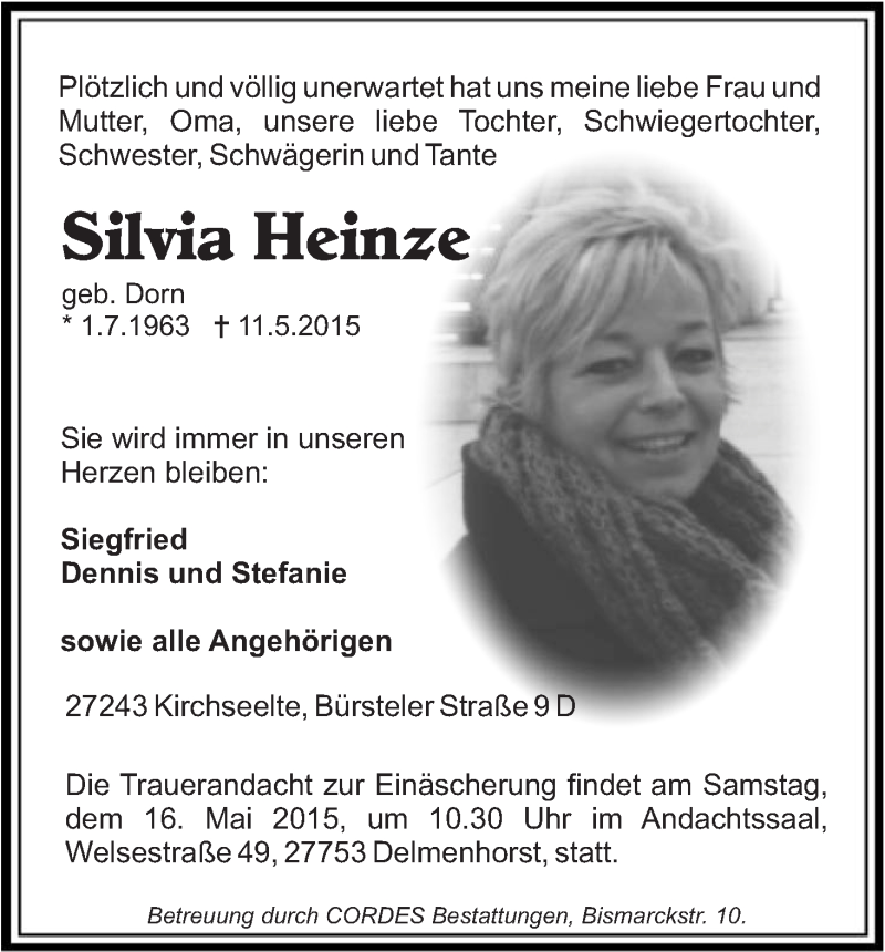  Traueranzeige für Silvia Heinze vom 15.05.2015 aus WESER-KURIER