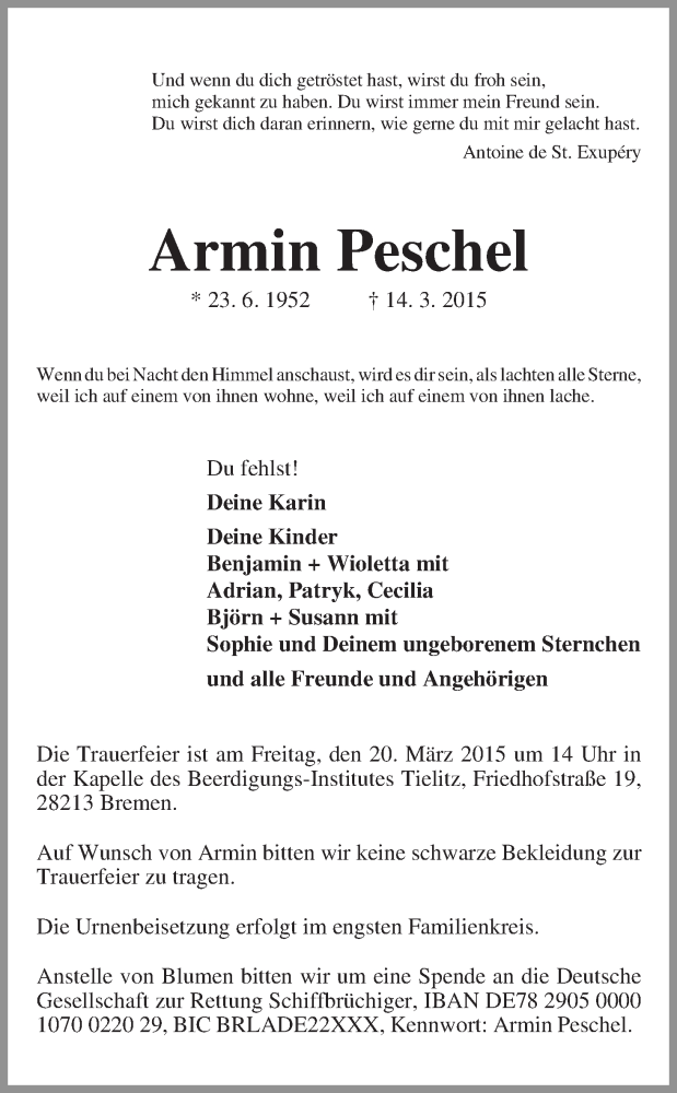  Traueranzeige für Armin Peschel vom 18.03.2015 aus WESER-KURIER