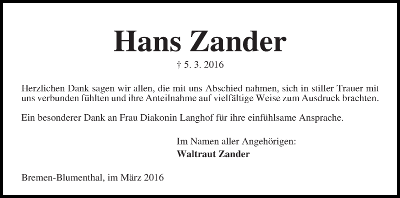 Traueranzeige von Hans Zander von Die Norddeutsche