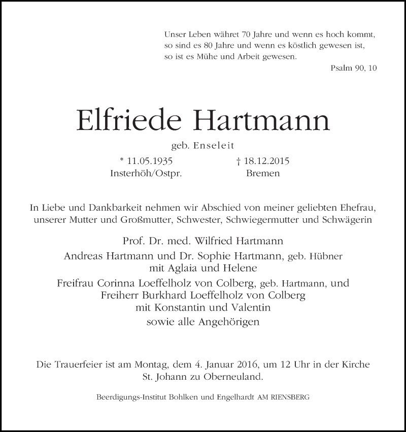 Traueranzeige von Elfriede Hartmann von WESER-KURIER