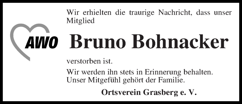 Traueranzeige von Bruno Bohnacker von Wuemme Zeitung