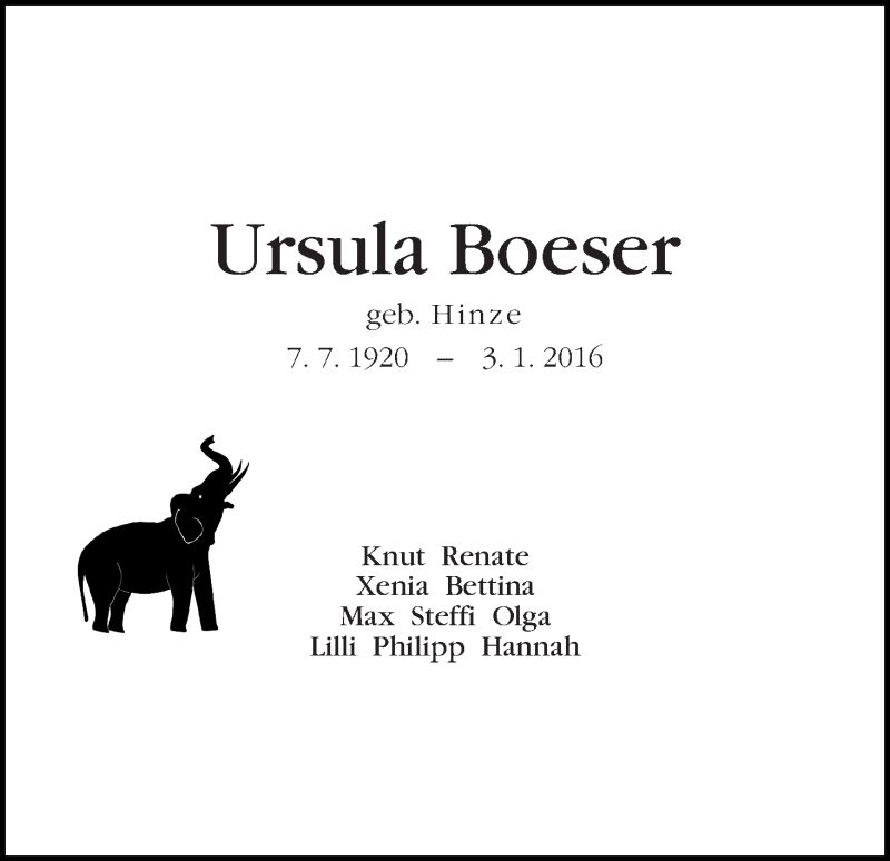 Traueranzeige von Ursula Boeser von WESER-KURIER