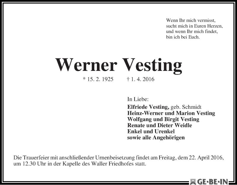 Traueranzeige von Werner Vesting von WESER-KURIER