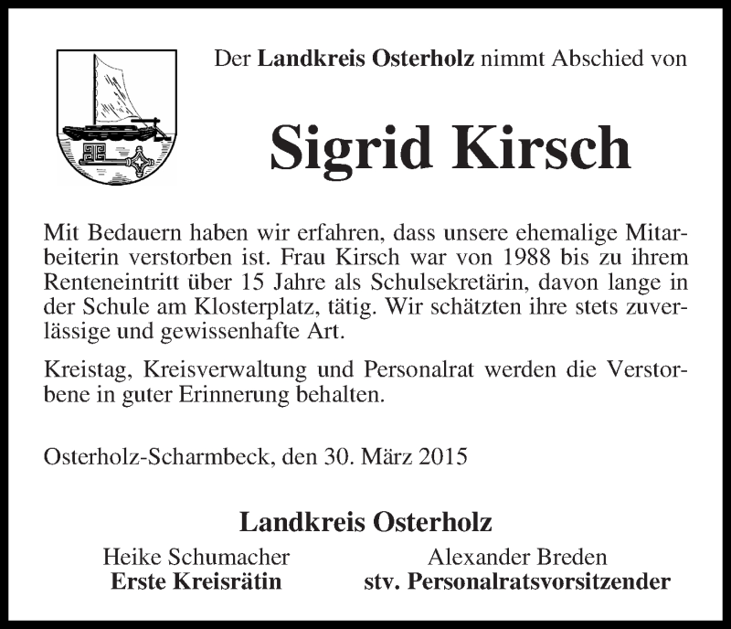 Traueranzeige von Sigrid Kirsch von Wuemme Zeitung