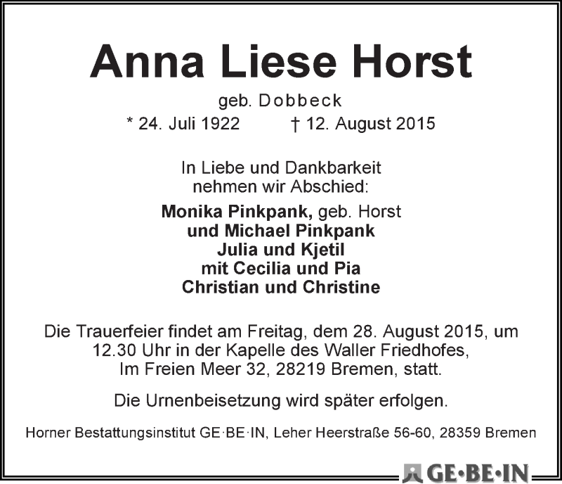 Traueranzeige von Anna Liese Horst von WESER-KURIER