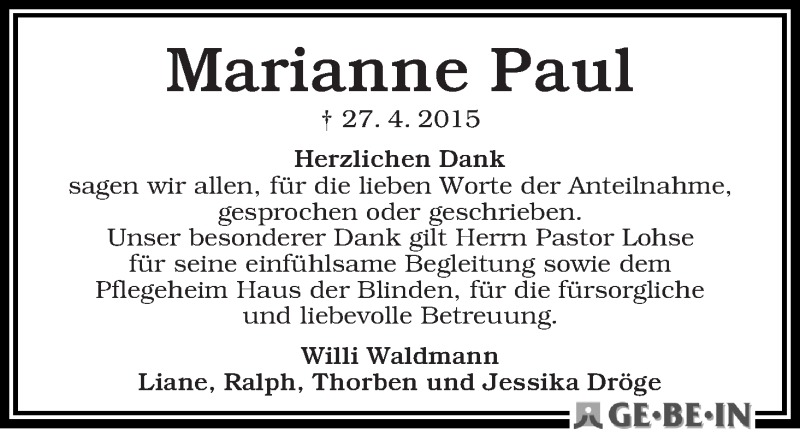 Traueranzeige von Marianne Paul von WESER-KURIER