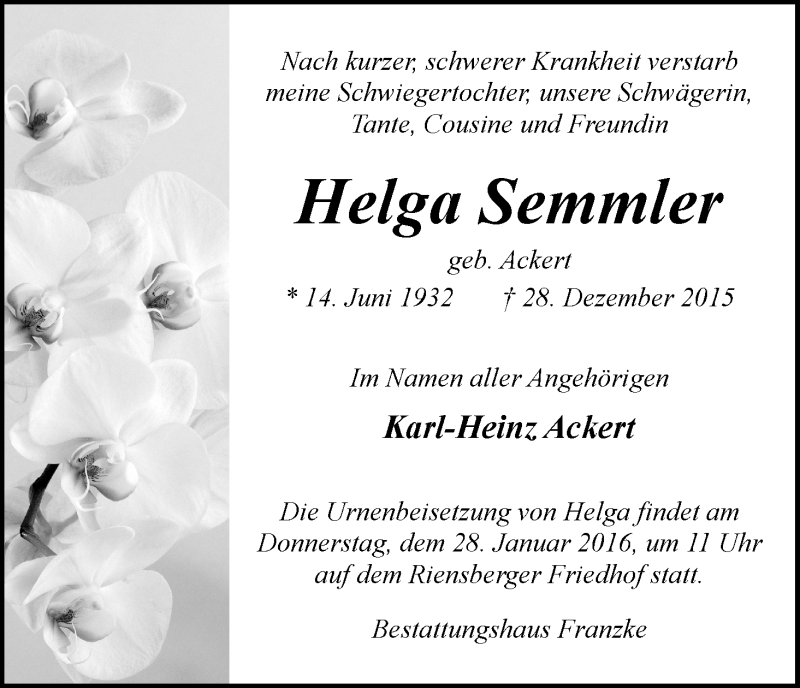 Traueranzeige von Helga Semmler von WESER-KURIER