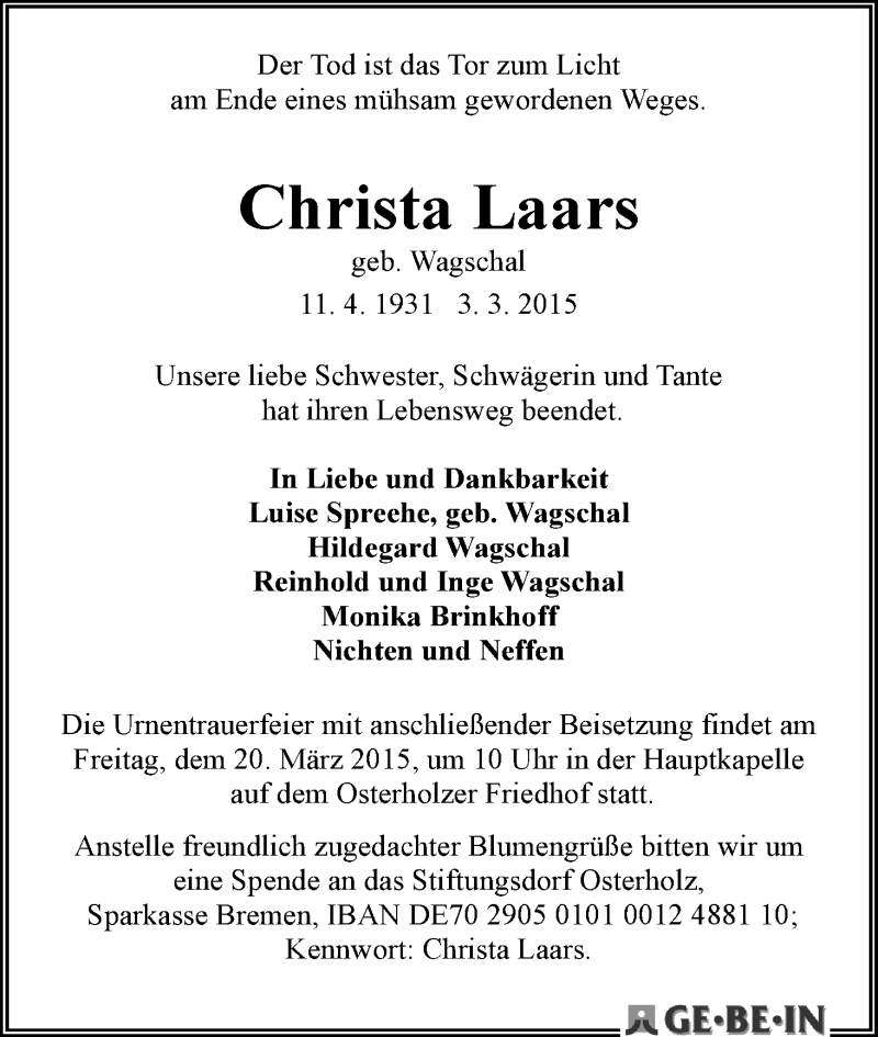 Traueranzeige von Christa Laars von WESER-KURIER