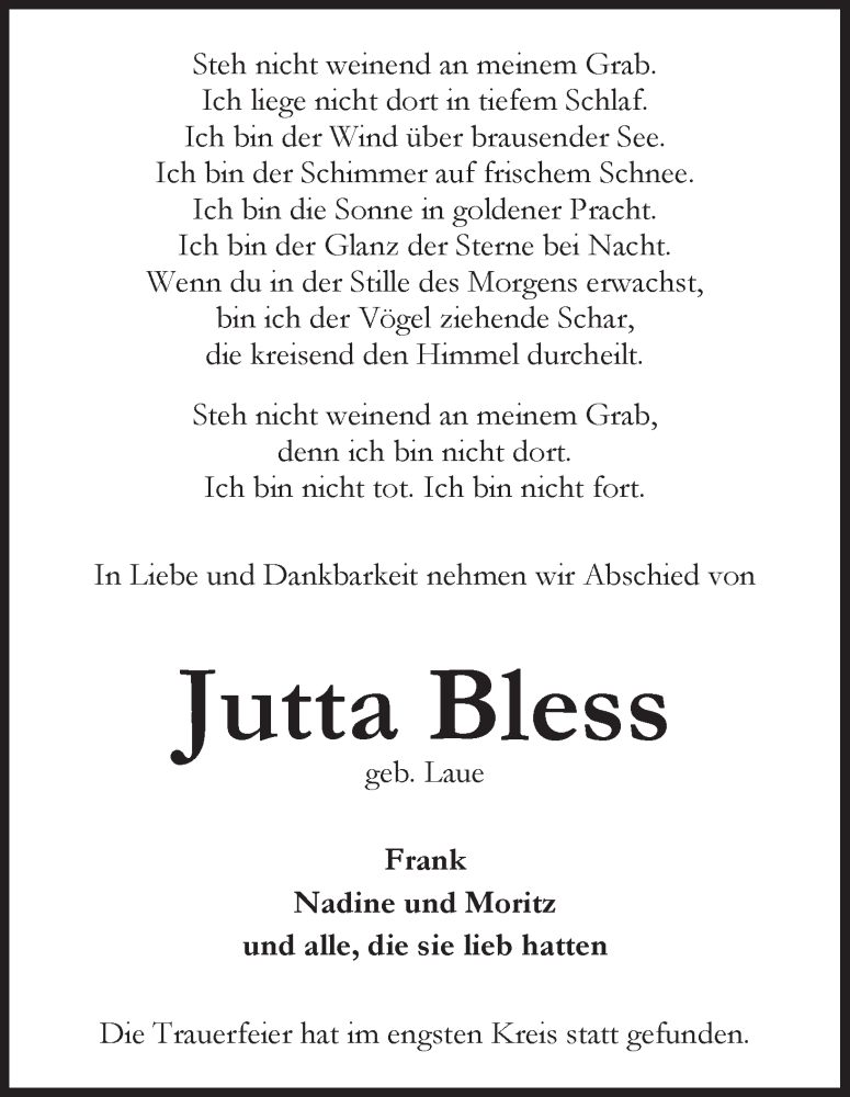 Traueranzeige von Jutta Bless von WESER-KURIER