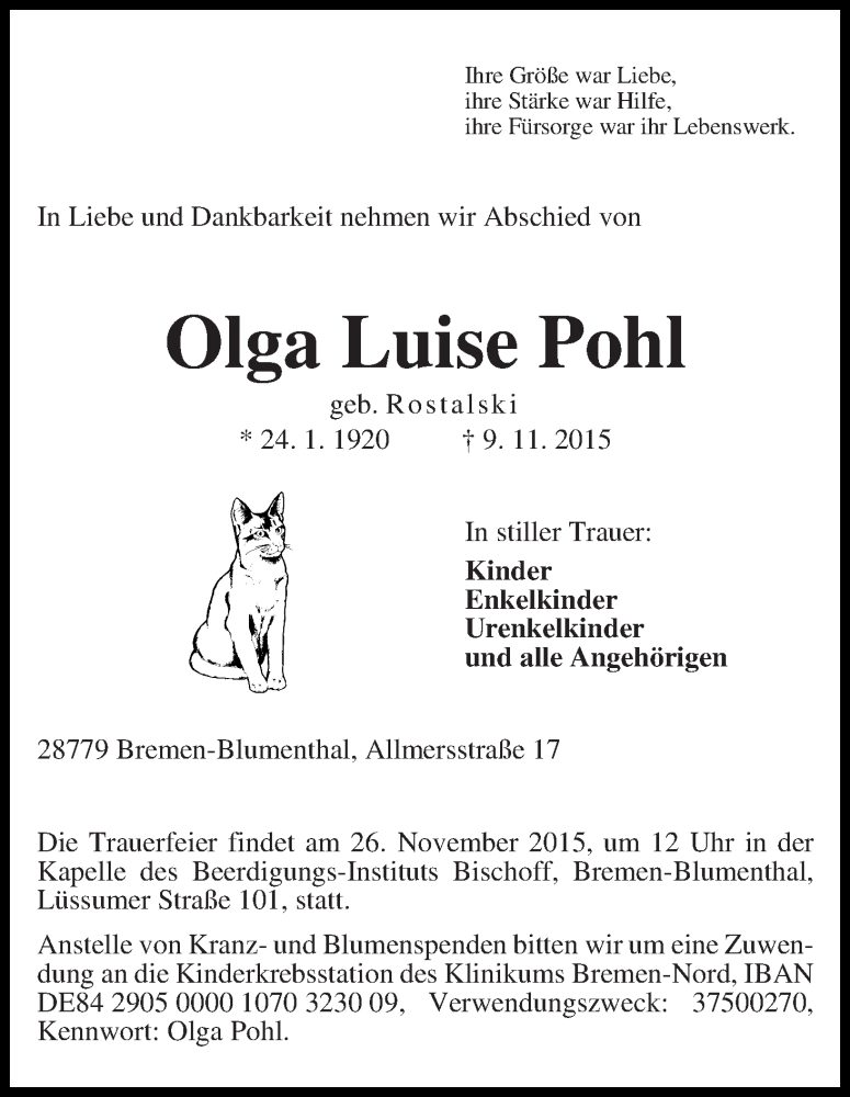 Traueranzeige von Olga Luise Pohl von Die Norddeutsche