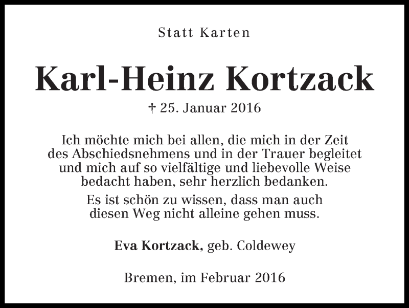Traueranzeige von Karl-Heinz Kortzack von WESER-KURIER