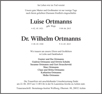 Traueranzeige von Luise und Wilhelm Ortmanns