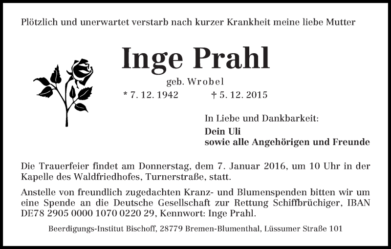 Traueranzeige von Inge Prahl von Die Norddeutsche