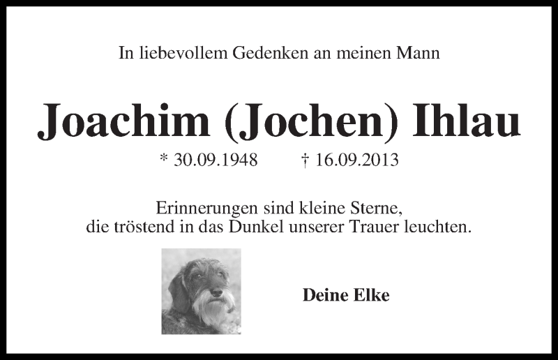  Traueranzeige für Joachim (Jochen) Ihlau vom 16.09.2015 aus WESER-KURIER