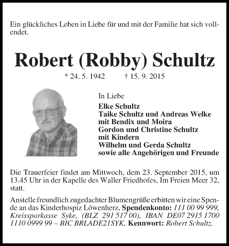  Traueranzeige für Robert (Robby) Schultz vom 19.09.2015 aus WESER-KURIER