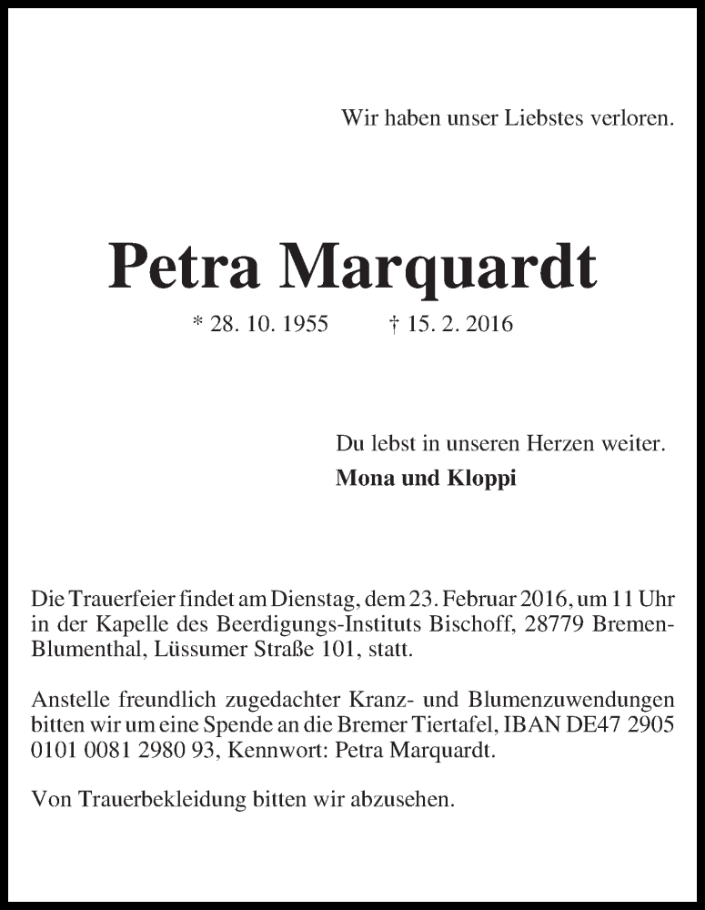 Traueranzeige von Petra Marquardt von Die Norddeutsche