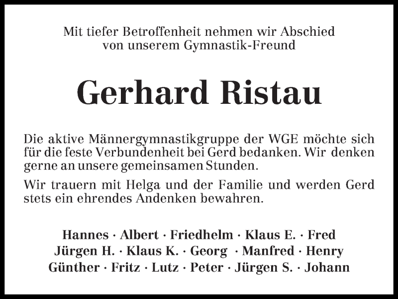 Traueranzeige von Gerhard Ristau von Wuemme Zeitung