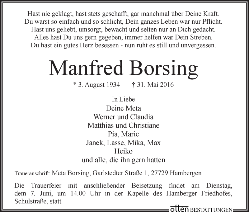 Traueranzeige von Manfred Borsing von Osterholzer Kreisblatt