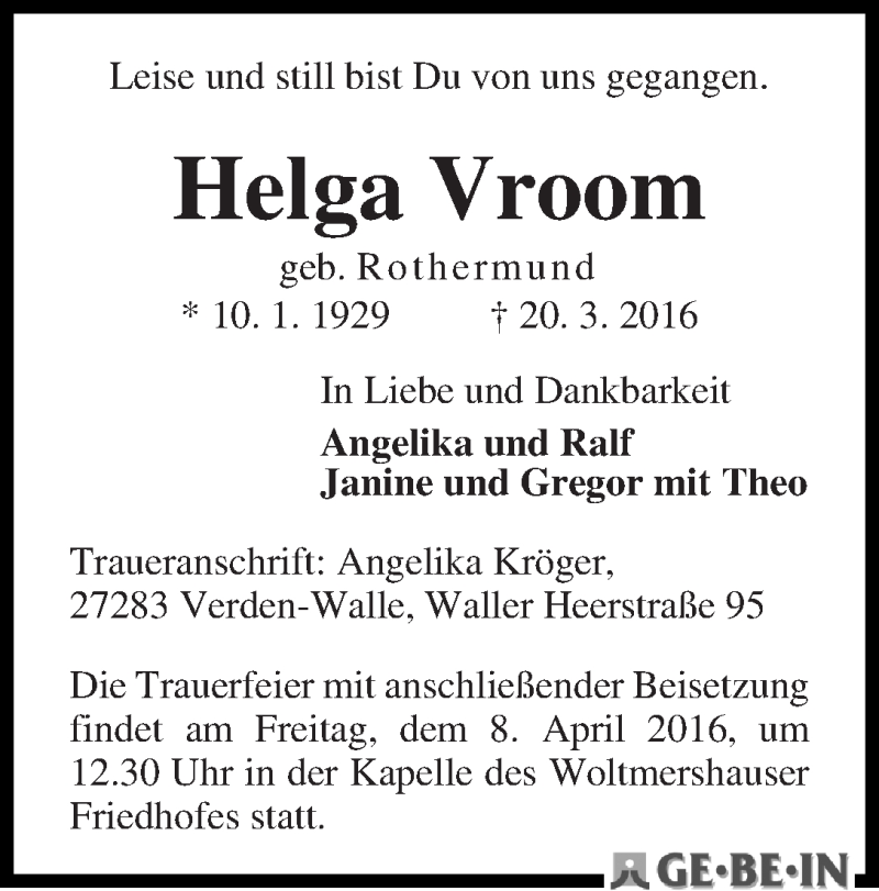 Traueranzeige von Helga Vroom von WESER-KURIER