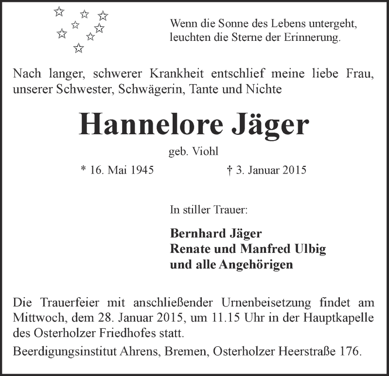 Traueranzeige von Hannelore Jäger von WESER-KURIER